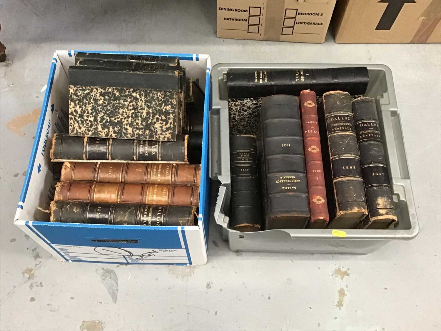 Lot 97 - Two boxes of mostly 19th century French leather bound hardback books