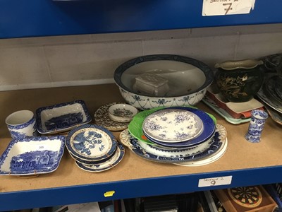 Lot 205 - Large quantity of china and glass to include blue and white china, Staffordshire spaniels, Doulton figurine, ornaments and sundries