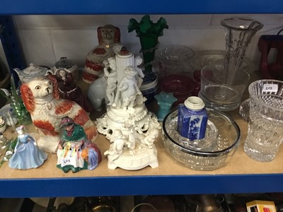 Lot 205 - Large quantity of china and glass to include blue and white china, Staffordshire spaniels, Doulton figurine, ornaments and sundries