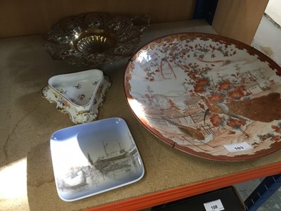 Lot 103 - Early 20th century Japanese porcelain charger, Danish dish, Dresden pin dish and brass dish