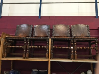 Lot 986 - Set four oak Cromwellian revival dining chairs with brass studded leather upholstery