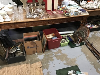 Lot 109 - Sundry items, including a vintage suitcase with metal wares, leather gilet, etc, toys, books, pictures, golf clubs, etc