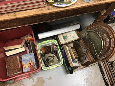 Lot 109 - Sundry items, including a vintage suitcase with metal wares, leather gilet, etc, toys, books, pictures, golf clubs, etc