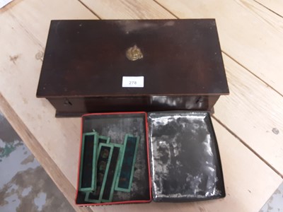 Lot 278 - Oak box containing whistles, coins and sundries plus a Tiffany style lamp, desk lamp and a blue enamel flour bin