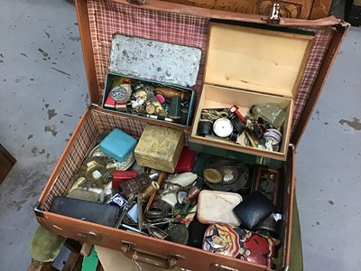 Lot 675 - Vintage suitcase and metal case containing bijouterie, ashtrays, buttons, metal ware and other sundry items