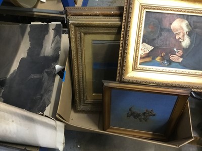 Lot 212 - Needlework picture, oil painting, pair of Victorian gilt picture frames and unframed prints