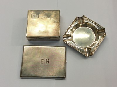 Lot 682 - Silver ashtray, silver cigarette box and silver cigarette case with applied initials EH