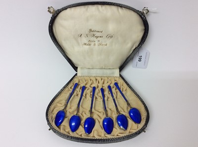 Lot 199 - Set of six Norwegian silver and blue guilloche enamel spoons in fitted case