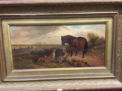 Lot 234 - I. Charlesworth - pair of Victorian oils on canvas in original gilt frames - rural landscapes with figure, horses and dogs, together with another Victorian oil painting of cattle watering
