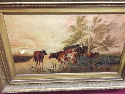 Lot 234 - I. Charlesworth - pair of Victorian oils on canvas in original gilt frames - rural landscapes with figure, horses and dogs, together with another Victorian oil painting of cattle watering