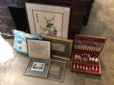 Lot 243 - Framed Chinese painting, group of antique framed prints and maps of Essex, Masonic sash and a canteen of plated cutlery
