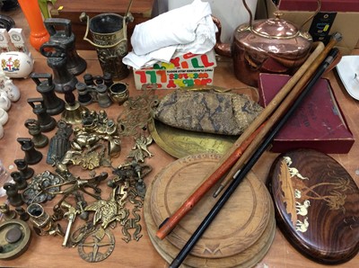 Lot 476 - Group brass ware, weights, wooden chopping boards, copper kettle, two silver mounted walking sticks and sundries