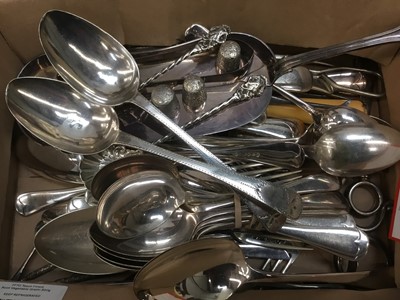 Lot 691 - Pair of Georgian bright cut tablespoons, silver sugar tongs, thimbles, other silver and plated cutlery