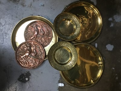 Lot 248 - Pair of Arts and Crafts copper relief plaques, together with Eastern brass dishes