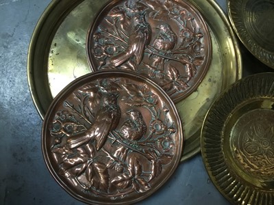 Lot 248 - Pair of Arts and Crafts copper relief plaques, together with Eastern brass dishes