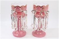 Lot 302 - Pair impressive Victorian pink glass lustres...