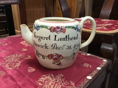 Lot 124 - Late 18th century creamware teapot, 'Margaret Leathhead, Hawick December 31. 1790'