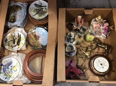 Lot 488 - Group collectors plates, ceramic figure groups, other china, wall barometer, brass anim