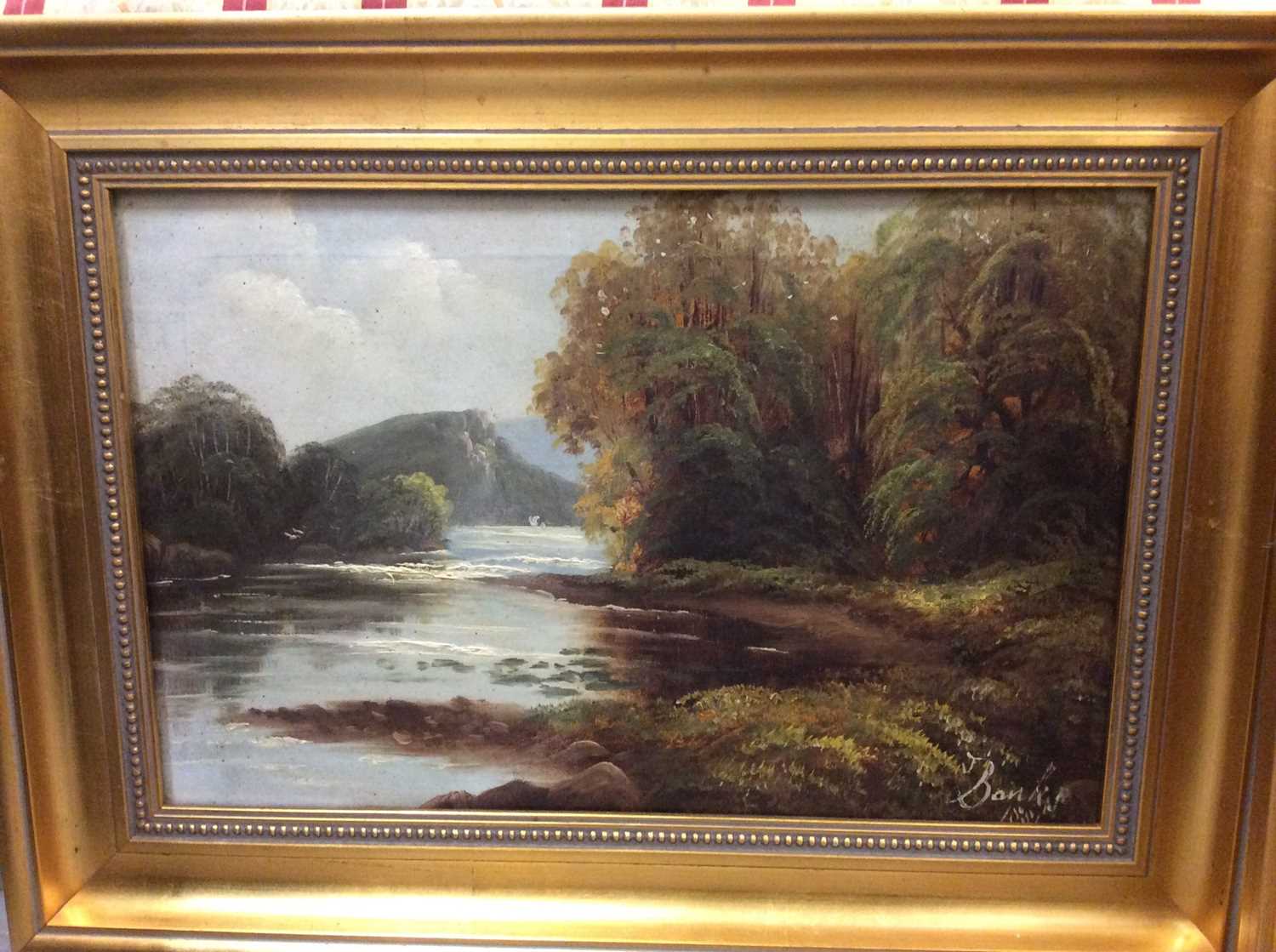 Lot 492 - J. Banks oil on canvas river scene, T. Brinks oil on canvas still life flowers, both in gilt frames and five Japanese pictures