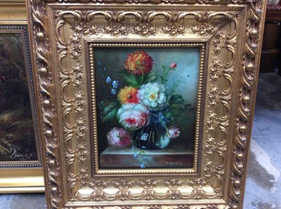 Lot 492 - J. Banks oil on canvas river scene, T. Brinks oil on canvas still life flowers, both in gilt frames and five Japanese pictures