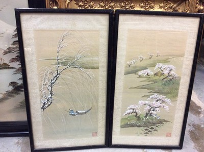 Lot 492 - J. Banks oil on canvas river scene, T. Brinks oil on canvas still life flowers, both in gilt frames and five Japanese pictures