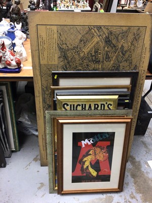Lot 307 - Collection of mostly framed decorative pictures, including French advertisements, map, etc