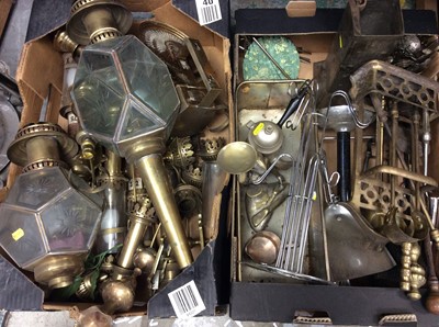 Lot 316 - Pair brass and glass lanterns, fire implements,  plated ware, other metal and walking sticks