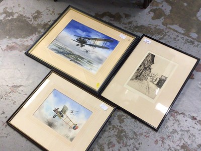 Lot 579 - Two watercolours of military aircraft by John Smith, and an etching by Dorothy Sweet