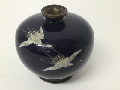 Lot 286 - Good quality Japanese Meiji period cloisonné vase, of squat form, decorated with cranes on a midnight blue ground, signed to base, 2 1/2 inches high