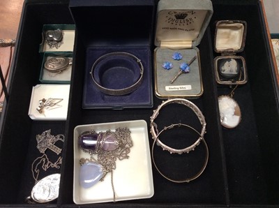 Lot 707 - Jewellery box containing silver and white metal jewellery, cameo brooch, Japanese damascene necklace, bangle and pair earrings