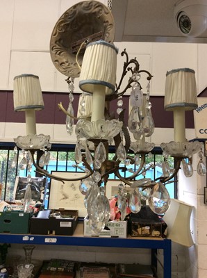 Lot 183 - Five beach brass chandelier with glass prism drops and shades