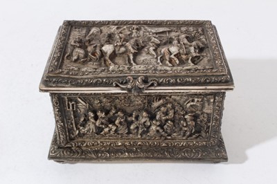 Lot 214 - 19th Century Dutch style electroplated casket decorated in relief with domestic scenes and jovial figures, hinged lid with velvet lined interior, 14.5cm in length
