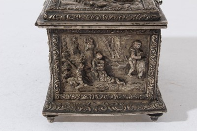Lot 178 - 19th Century Dutch style electroplated casket decorated in relief with domestic scenes and jovial figures, hinged lid with velvet lined interior, 14.5cm in length