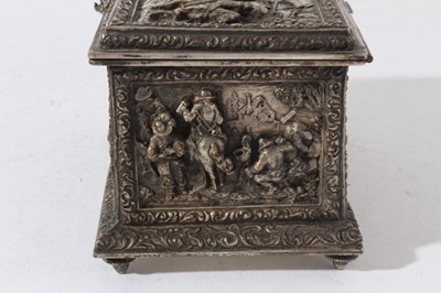 Lot 178 - 19th Century Dutch style electroplated casket decorated in relief with domestic scenes and jovial figures, hinged lid with velvet lined interior, 14.5cm in length