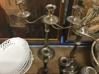 Lot 88 - Pair of 19th century silver plated twin branch candelabra, another pair of plated candlesticks and sundry plated items