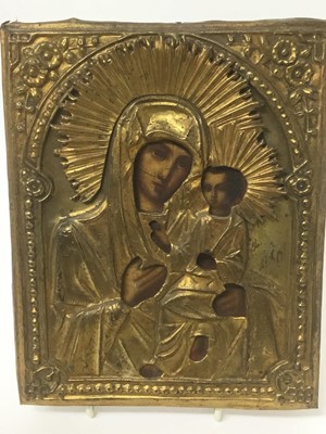 Lot 161 - 19th century Russian icon with brass embossed overlay