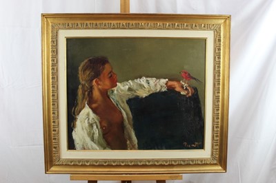 Lot 262 - Pierre Brenot, oil on canvas, girl and bird