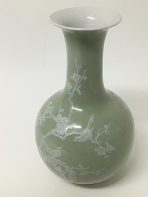 Lot 142 - 18th century style Chinese celedon glazed porcelain vase with character marks to base.