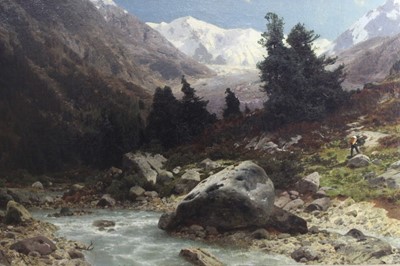 Lot 450 - Otto Van Kameke oil on canvas, traveller in a mountainous landscape