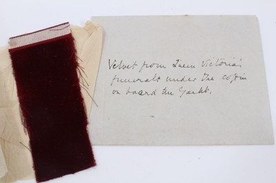 Lot 50 - The Funeralof H.M. Queen Victoria ,Piece of red velvet  from beneath the coffin of Queen Victoria and other Royal ephemera