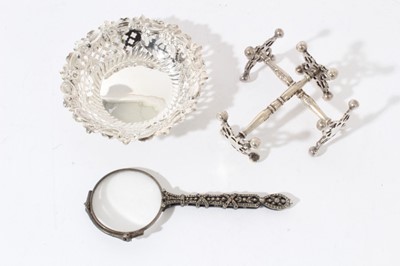 Lot 74 - Pair of Victorian silver knife rests (London 1841), together with a silver bonbon dish of circular form with pierced decoration (Chester 1897) and a pair of white metal marcasite mounted lorgnettes