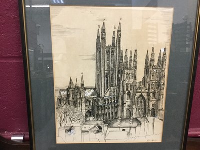 Lot 104 - 20th Century English School pen and ink study of a Cathedral in glazed frame
