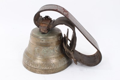 Lot 326 - Very large Swiss cow bell by A. Brelaz with leather mount