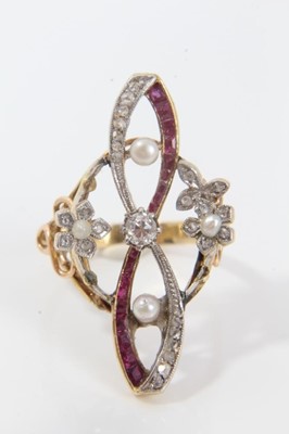 Lot 227 - Art Nouveau diamond ruby and seed pearl ring