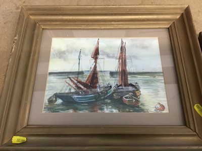 Lot 28 - J. Westcott 1905 oil on canvas - fishing boats at sunset, signed, in gilt frame, other shipping prints and sundry pictures