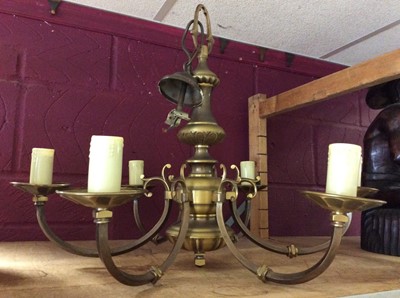 Lot 402 - Brass chandelier and pair wall lights