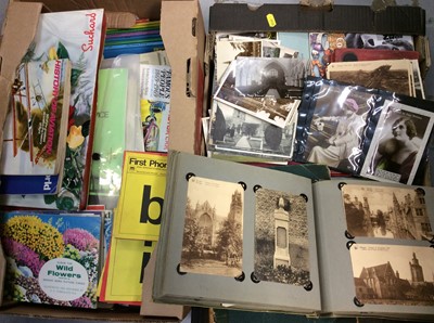 Lot 445 - Two boxes ephemera including cigarette card booklets, postcard albums etc