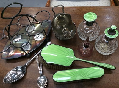 Lot 658 - Silver and lime green guilloche enamel dressing table wares, pink glass scent bottle with silver collar and plated items