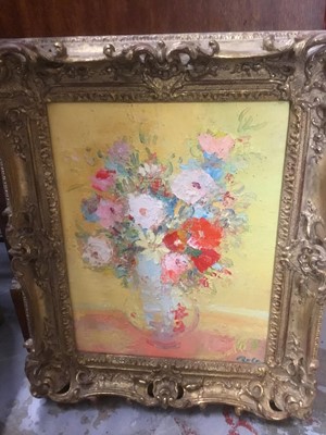 Lot 139 - Continental school, 20th century, oil on canvas still life of flowers in a vase, signed, gilt frame