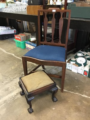 Lot 873 - Georgian mahogany dining chair with shaped back and drop-in seat, together with a small mahogany stool on cabriole legs and carved claw and ball feet (2)